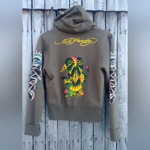 Vintage y2k NBW Ed Hardy by Christian Audiger olive green dragon hoodie womens L